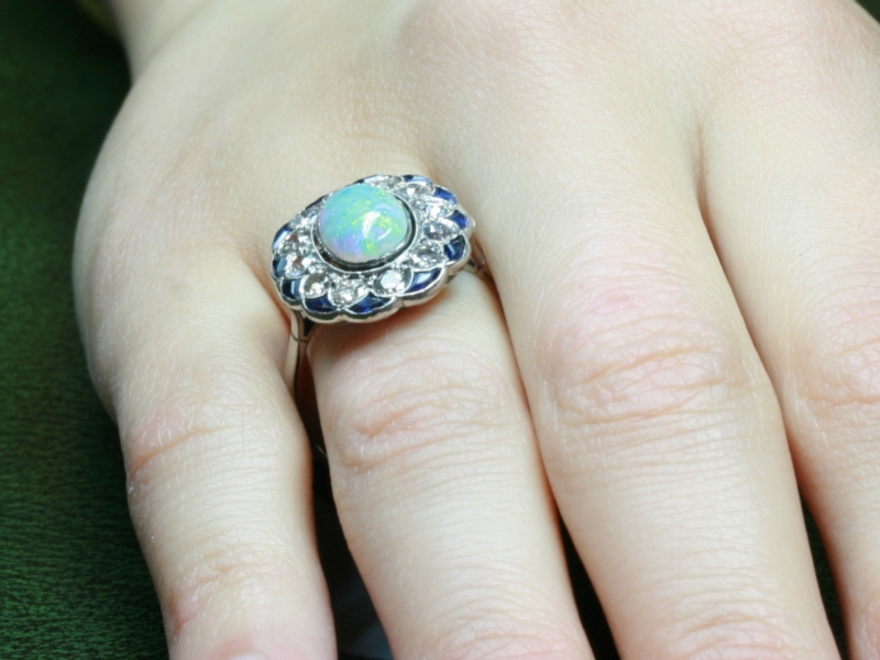 Estate opal engagement ring diamond sapphire platinum (image 19 of 21)
